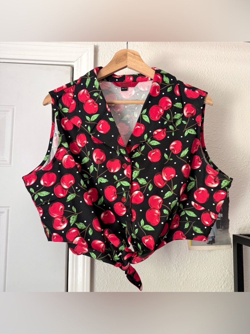 BANNED black red cherry rockabilly mod pinup retro button up tie front shirt top